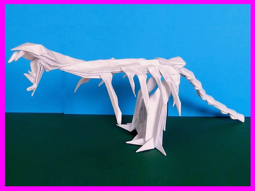 Dinosaurus skelet van papier nagemaakt