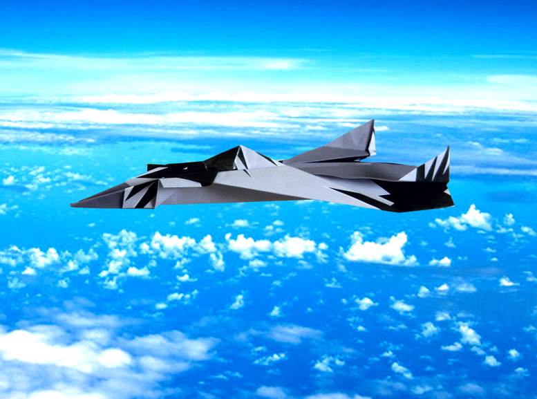 Origami Fighter Jet flying above the clouds