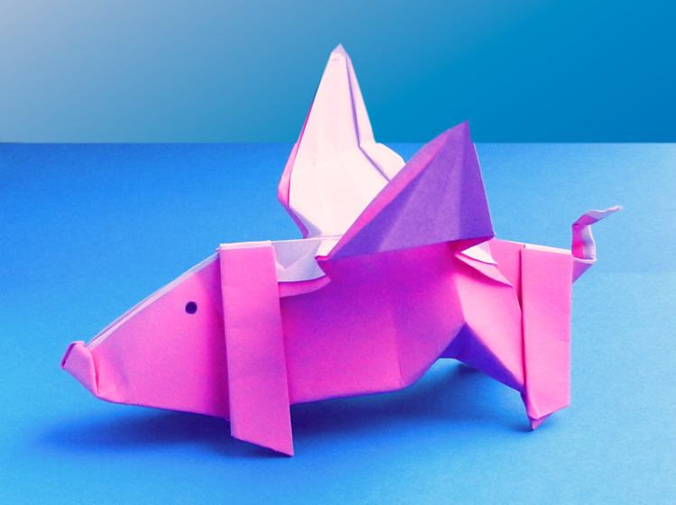 Origami vliegend varken van papier