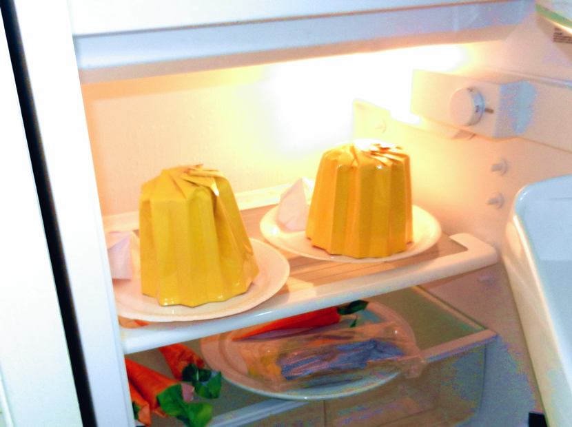 Origami pudding in a fridge