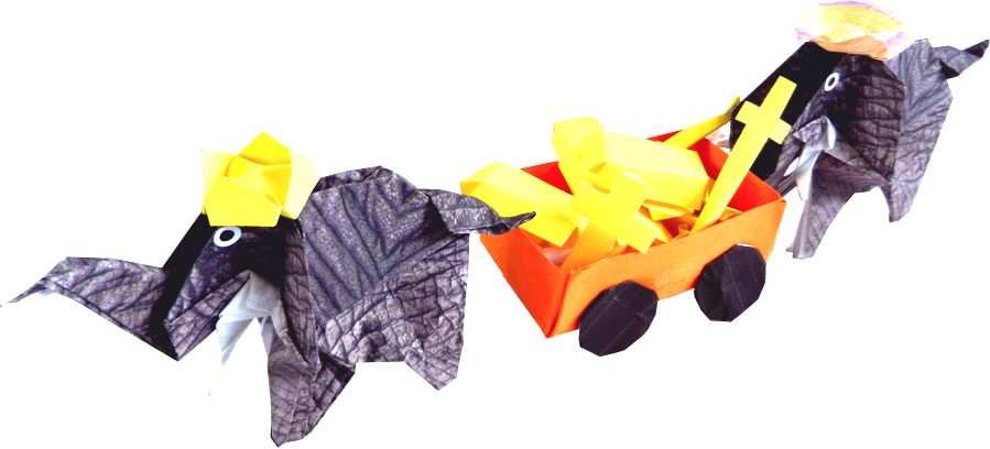 origami elephants with their treasure