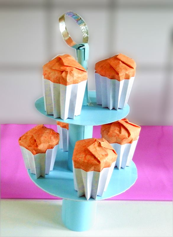 Origami cupcakes on a stand