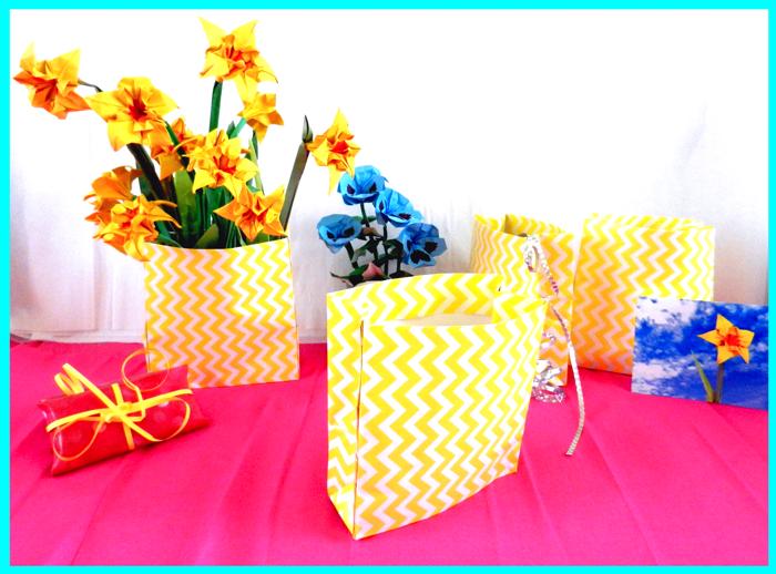 Origami narcissus flowers in a paper bag