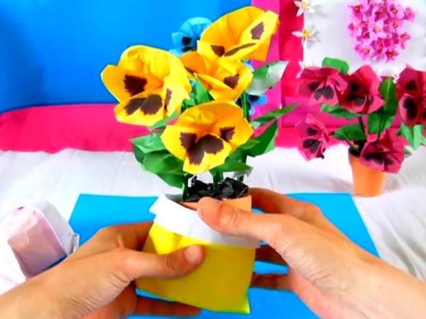 Pansies in a cute Origami flower gift bag