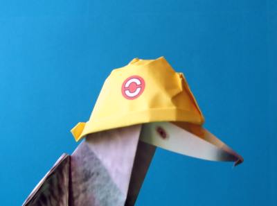 duif met een gele helm op zijn kop