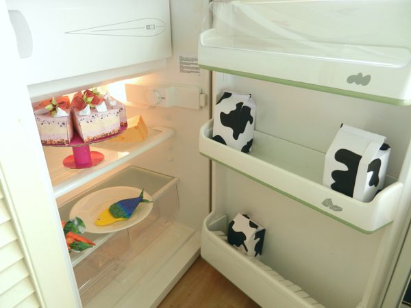 real fridge filled with origami food stuff