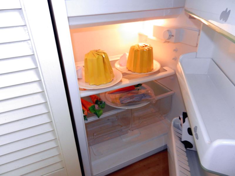 Origami pudding in a fridge