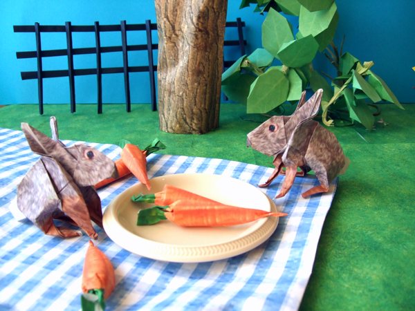 origami rabbits eating carrots for lunch