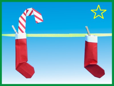 origami santa socks with a candy cane
