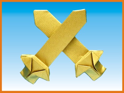 two golden origami swords