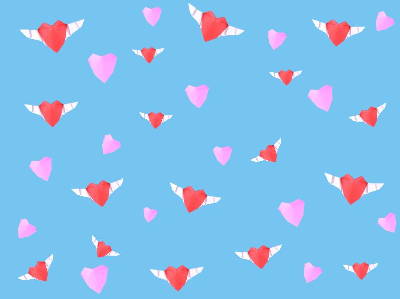 achtergrond met rode hartjes met vleugels en roze zonder vleugels