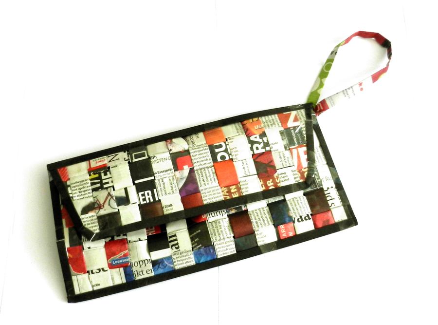 Woven newspaper clutch purse