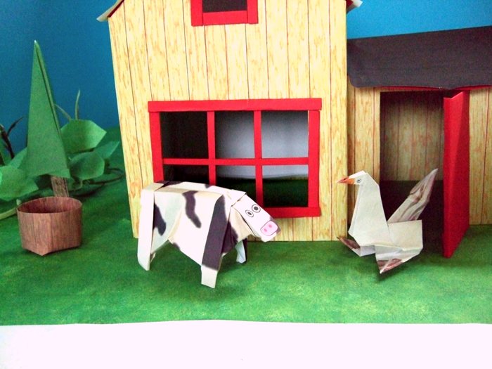 cow talking to an origami goose cow talking to an origami goose