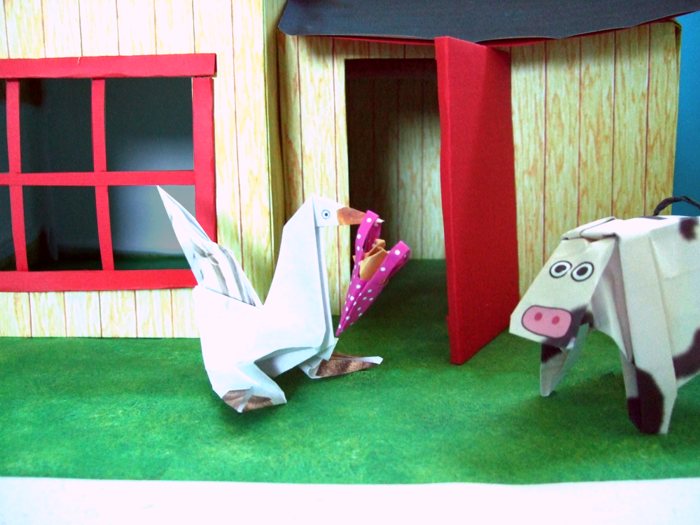 goose giving origami cookies to a cow goose giving origami cookies to a cow