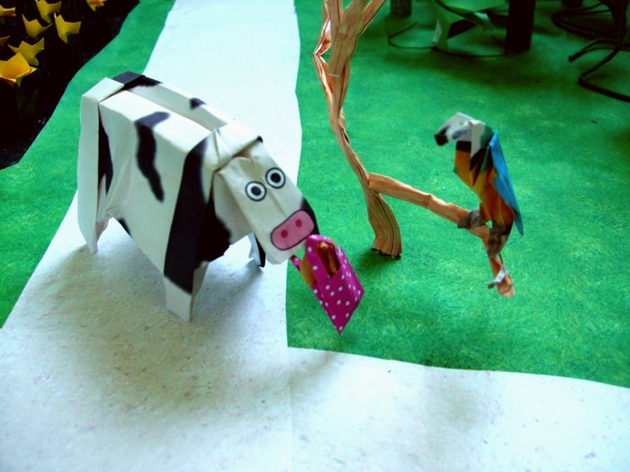 cow trying to sell origami cookies to a parrot cow trying to sell origami cookies to a parrot