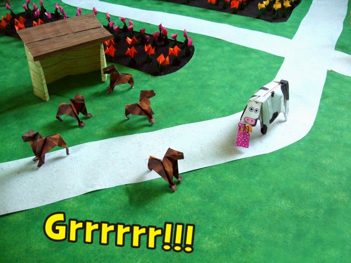 mean looking origami dogs and a scary cow mean looking origami dogs and a scary cow