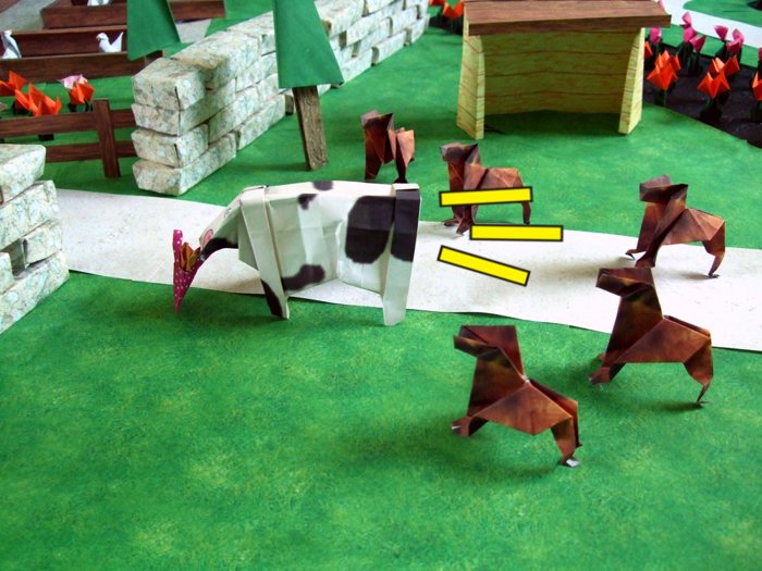 origami cow running away from dangerous dogs origami cow running away from dangerous dogs