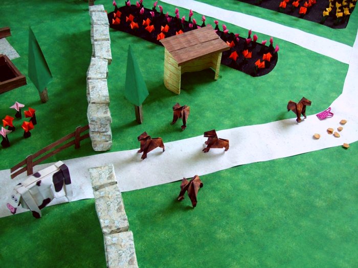 cow running away from origami dogs cow running away from origami dogs