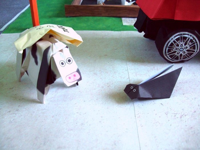 origami bug talking to a cow origami bug talking to a cow