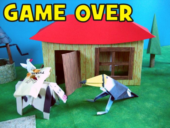 cow talking with an origami chicken farmer cow talking with an origami chicken farmer