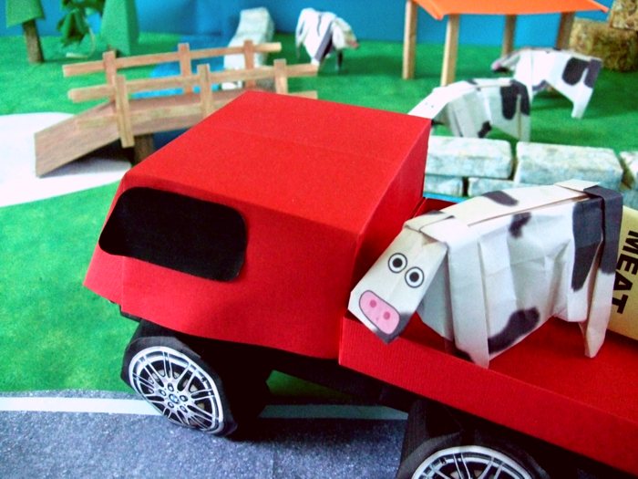 kirigami truck stopping at a cow farm kirigami truck stopping at a cow farm