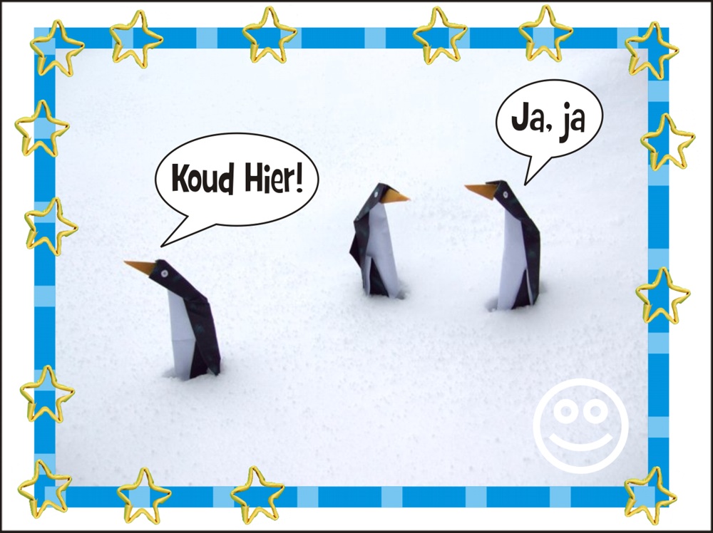 knutselkaartje met pinguins in de koude sneeuw