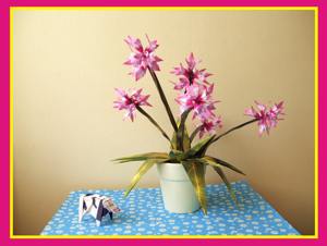 leuk kaartje van een grote roze bloem in een witte pot