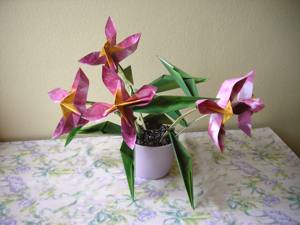 Card with pink origami flowers in a pot