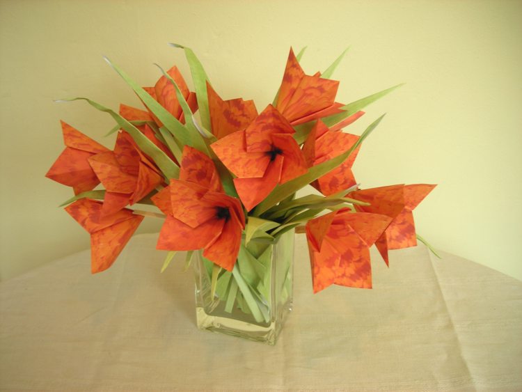 Card with simple origami flowers in a vase