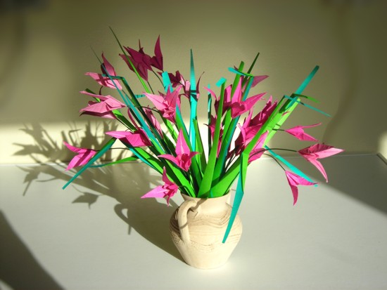 Card with pink origami flowers in a pot