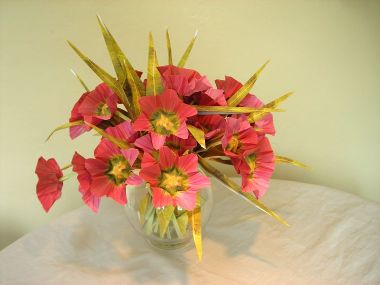 Card with a beautiful pink origami flower bouquet