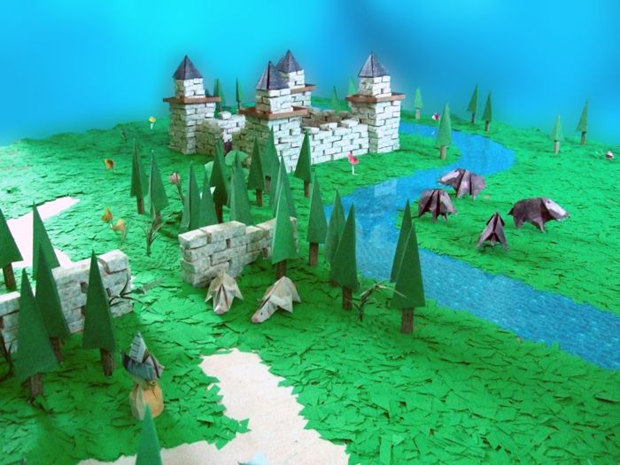 origami castle in a forest origami castle in a forest