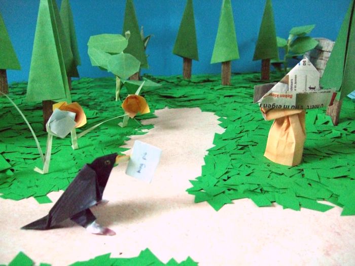 origami filmset van een bos