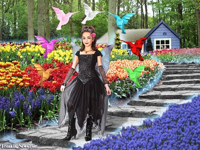 Garden Princess with flying origami Hummingbirds