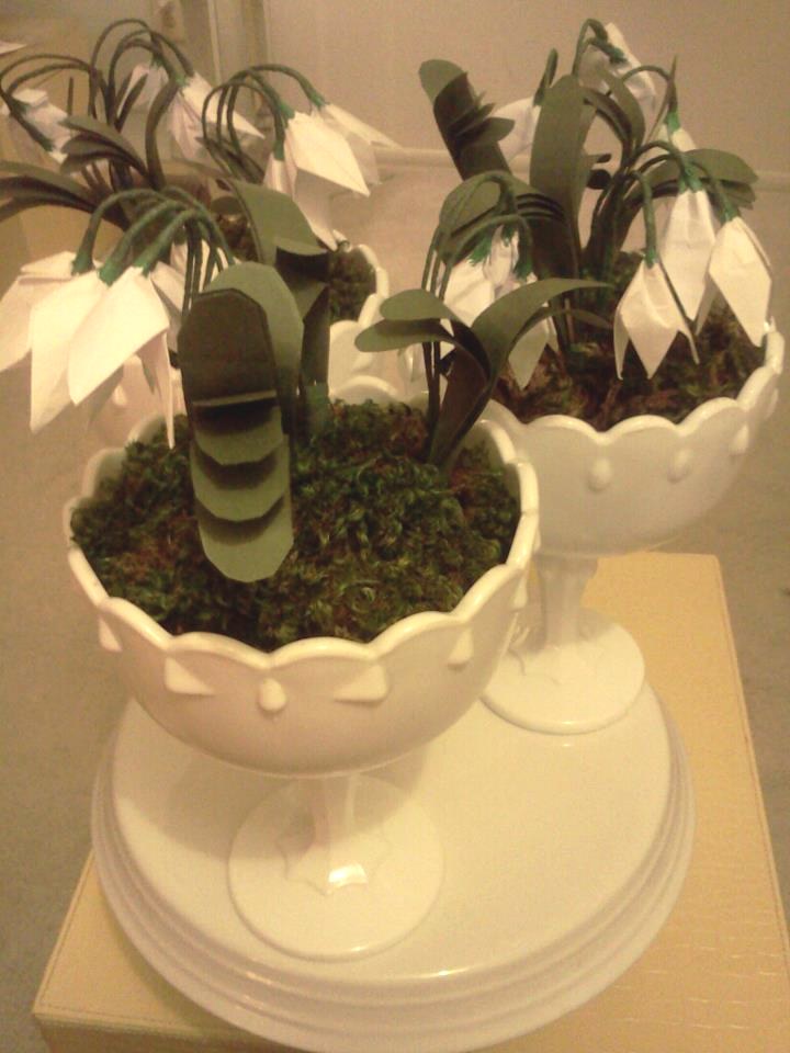 cute origami snowdrops in a white bowl