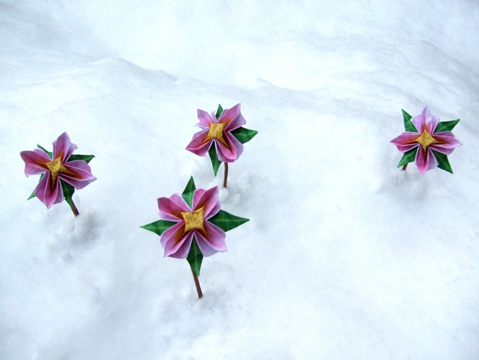 mooie roze papieren bloemen in de echte sneeuw