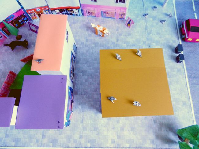 bovenaanzicht van een papierkunst winkelstraatje bovenaanzicht van een papierkunst winkelstraatje