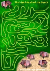printable maze with a hippo and his friends